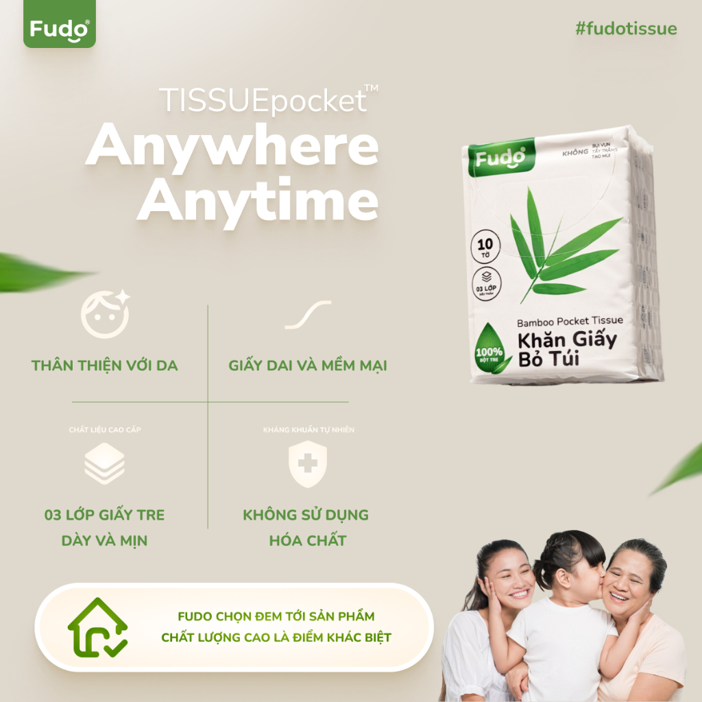 Khăn giấy bỏ túi Fudo TISSUEPocket từ sợi tre - 1 Lốc 12 gói