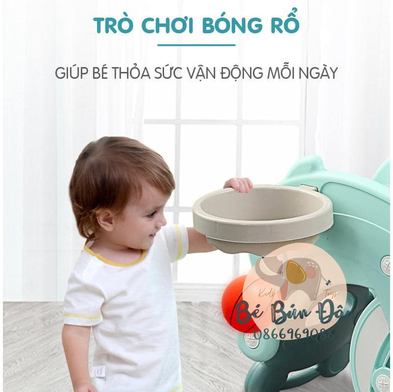 Cầu Trượt Kết Hợp Bập Bênh Và Chơi Bóng Rổ Đa Năng 3in1 Cho Bé Thiết Kế Hình Chú Ếch Đáng Yêu