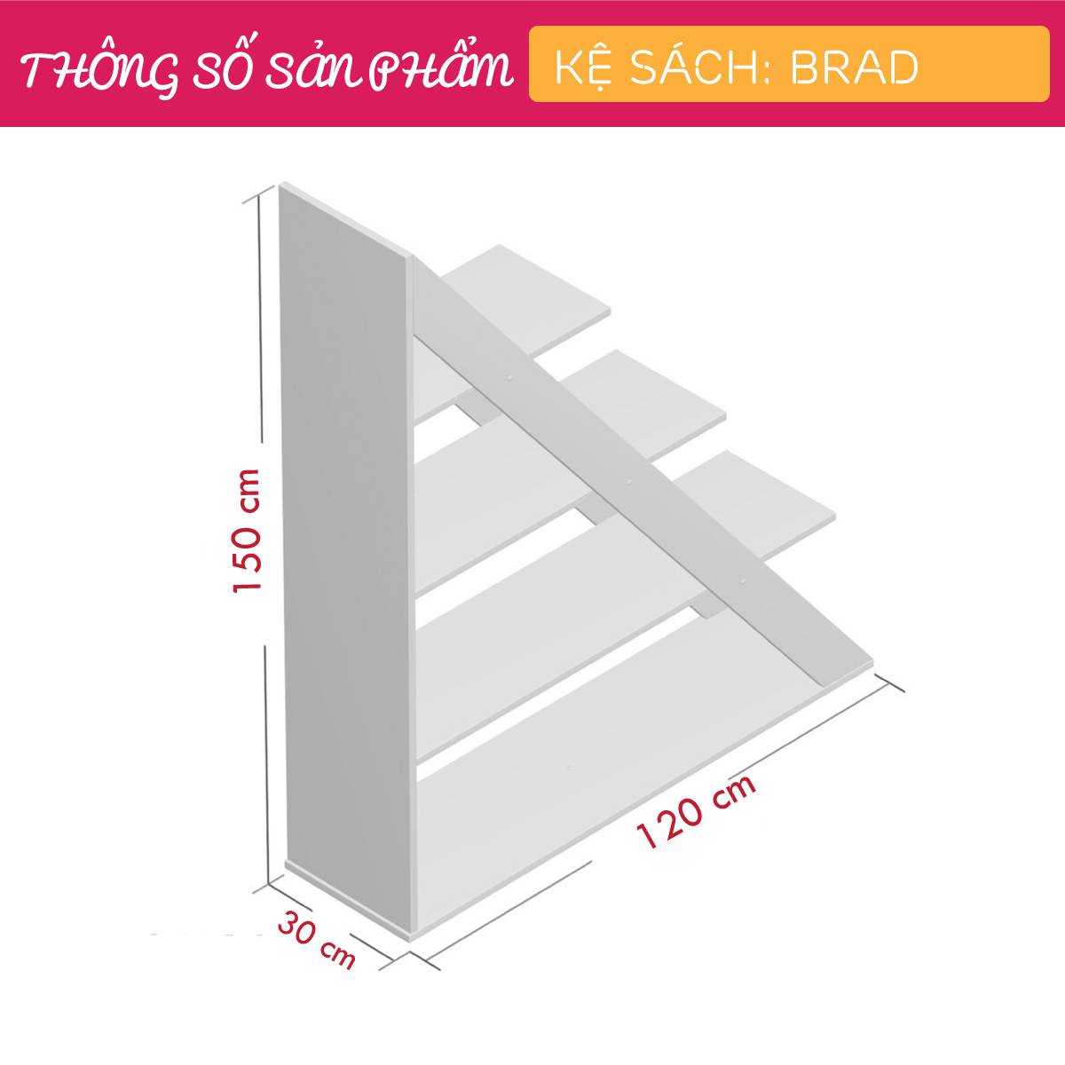 Kệ sách gỗ hiện đại SMLIFE Brad | Gỗ MDF dày 17mm chống ẩm | D120xR30xC150cm