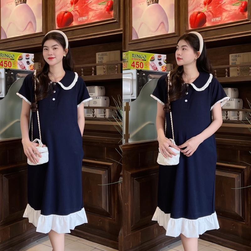 Đầm Bầu Polo Dáng Suông Cổ Sen Phối Viền Bèo Dễ Thương, Trẻ Trung Diện Mùa Hè - Đen