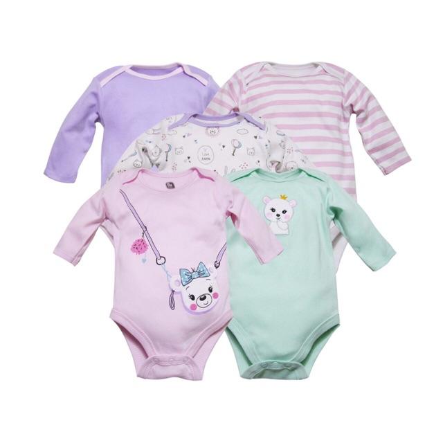 Set 5 body dài tay xuất mỹ cho bé trai và gái từ 0-12 tháng tuổi, set 5 body suit, body suit dài tay (giao màu ngẫu nhiên)