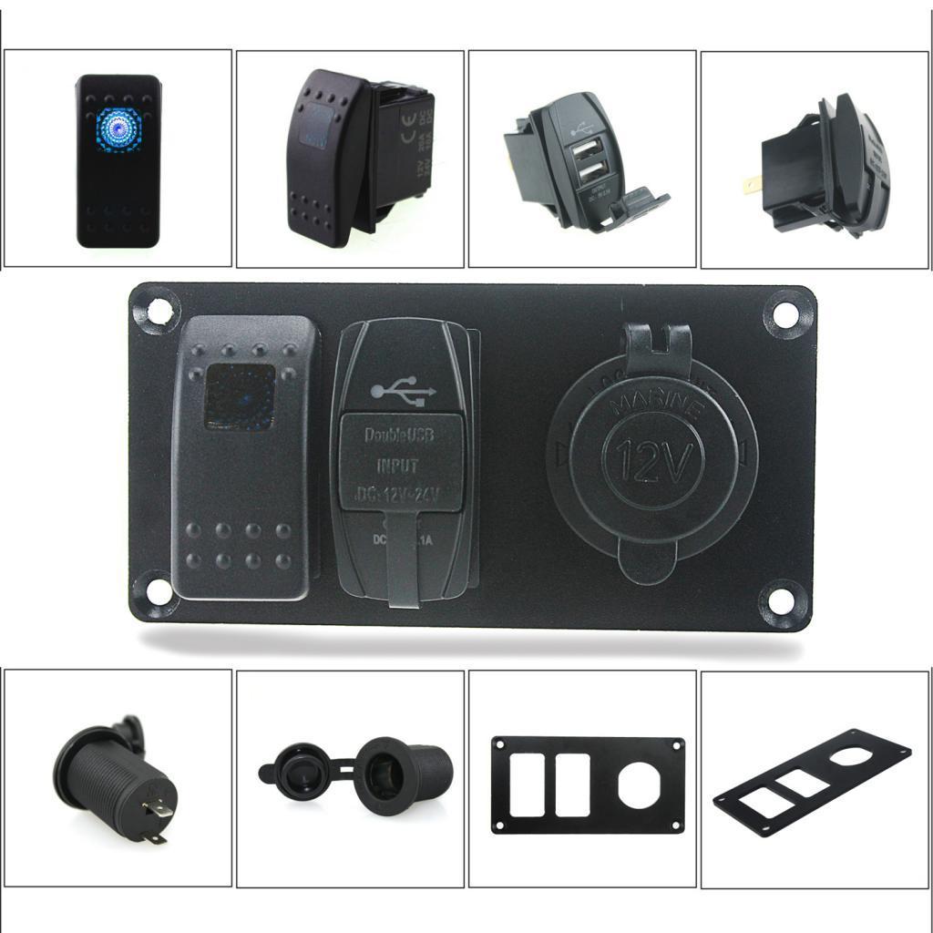 Car Boat Panel Blue Rocker Switch + USB Power Charger + Cigarette Lighter