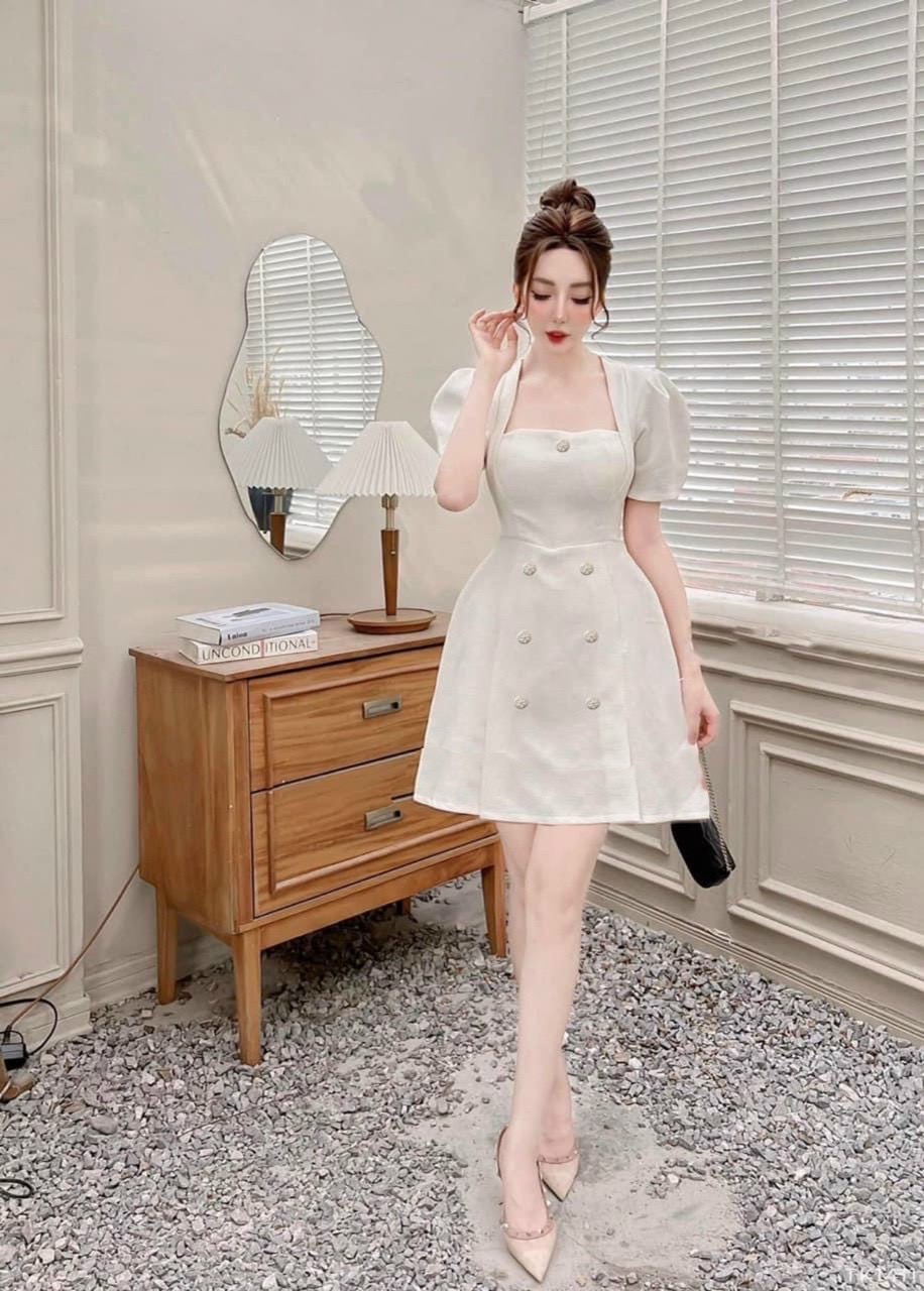 Đầm xốp cổ vuông đính nút sang trọng đầm dự tiệc đơn giản