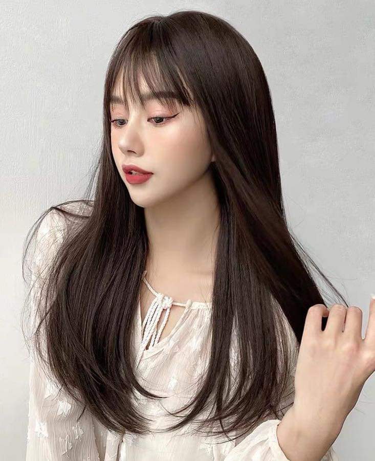 Tóc giả nữ nguyên đầu cup lững, tóc giả bộ cả đầu thẳng dài mái thưa hàn quốc
