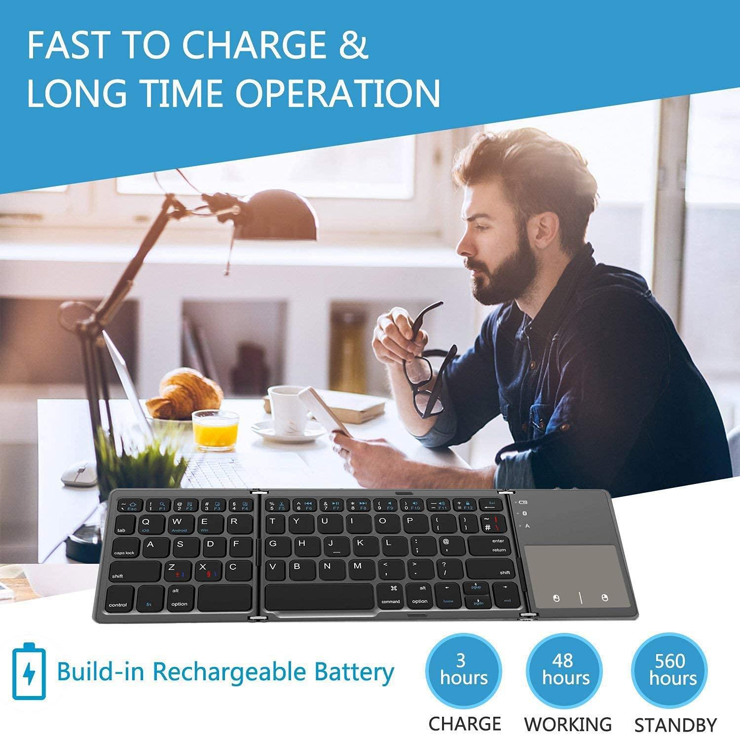 Bàn phím Bluetooth với TouchPad, 2 trong 1, Sạc, Bàn phím không dây có thể gập lại của Portabe, cho PC/Máy tính bảng/TV thông minh