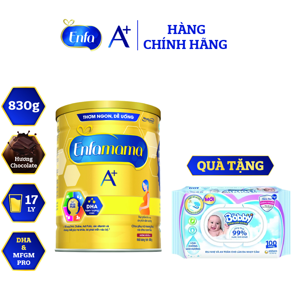 Bộ 1 Lon Sữa Bầu Enfamama 360° Brain Plus Cho Mẹ - Vị Chocolate - 830g - Tặng 1 khăn ướt Bobby hông mùi 100 tờ