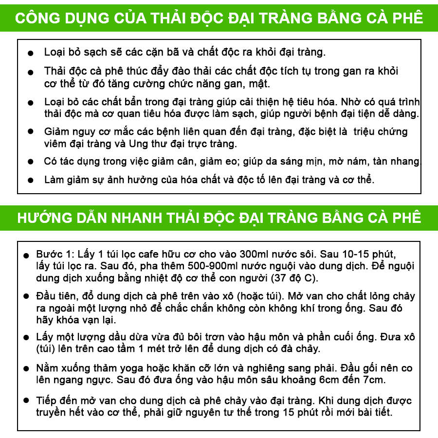 Cà phê thải độc đại tràng enema, cà phê hữu cơ thải độc túi lọc ; dùng cho thải độc đại tràng, gan, đẹp da...
