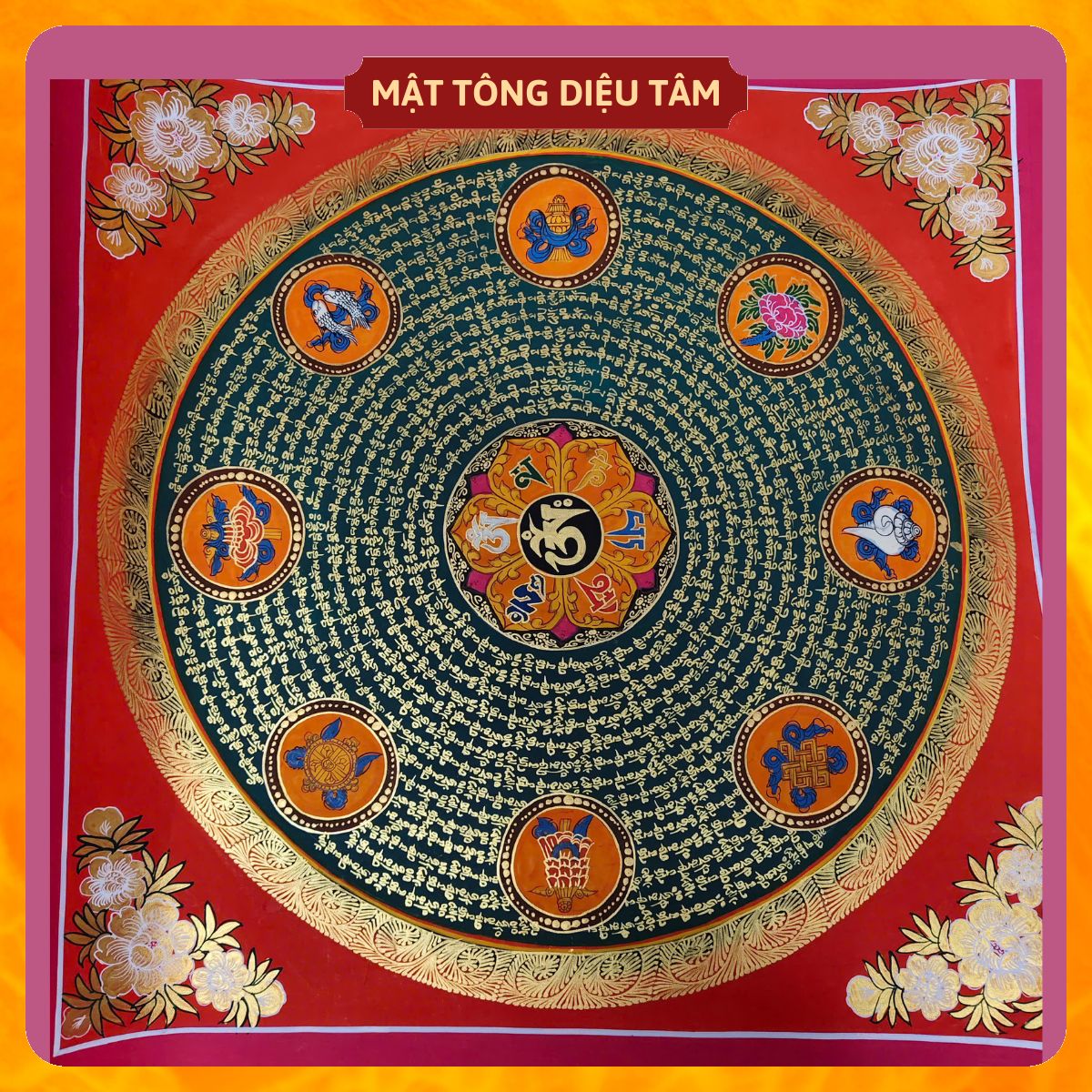 Tranh Mandala Lục Tự Chân Ngôn tranh Chú Om Vẽ Tay Thủ Công họa sư Nepal 55cm kim cương thừa [ tranh KHÔNG KHUNG] Mật tông Diệu Tâm