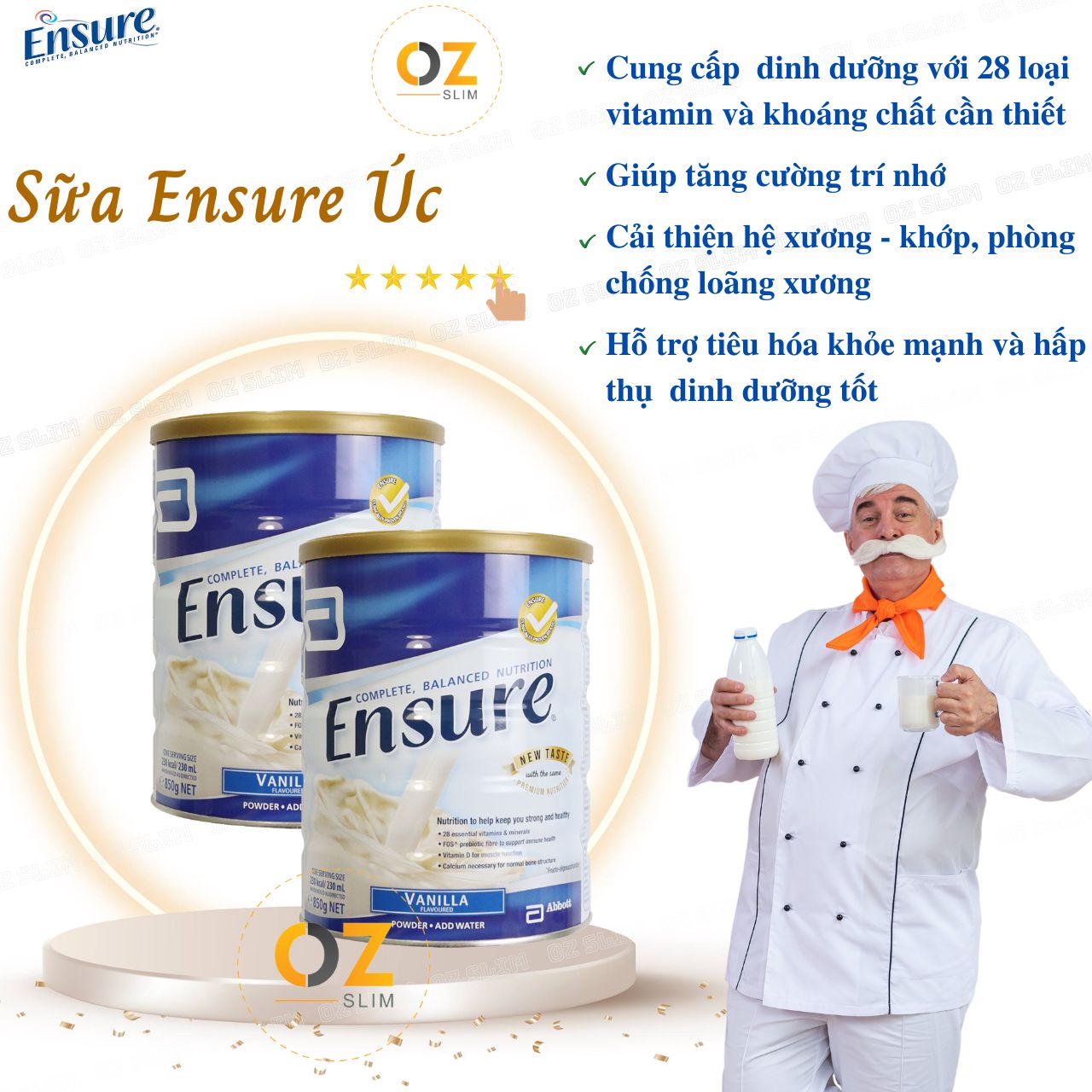 Sữa Ensure Complete Balanced Nutrition Vani Úc - Giúp hồi phục sức khỏe cho người gầy, người suy dinh dưỡng, người già, người sau phẫu thuật, người mới ốm dậy