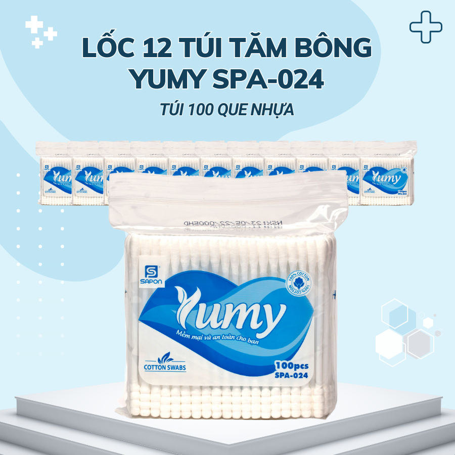 Lốc 12 gói Tăm bông Yumy người lớn thân nhựa túi 100 que SPA-024