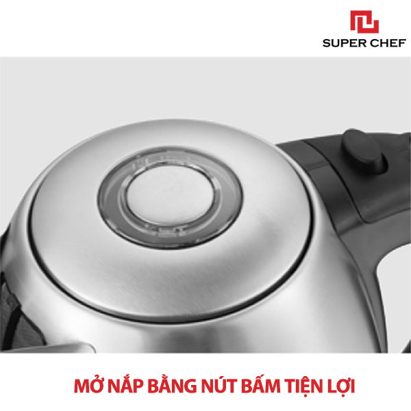 Bình Đun Siêu Tốc Inox Chính Hãng Super Chef  1.7 lít Công Suất Lớn Đun Nhanh, Tiết Kiệm Điện Năng, Chất Liệu Cao Cấp An Toàn, Bền Bỉ,, Thiết Kế Sang Trọng Bắt Mắt Dịch Vụ Hậu Mãi Chu Đáo