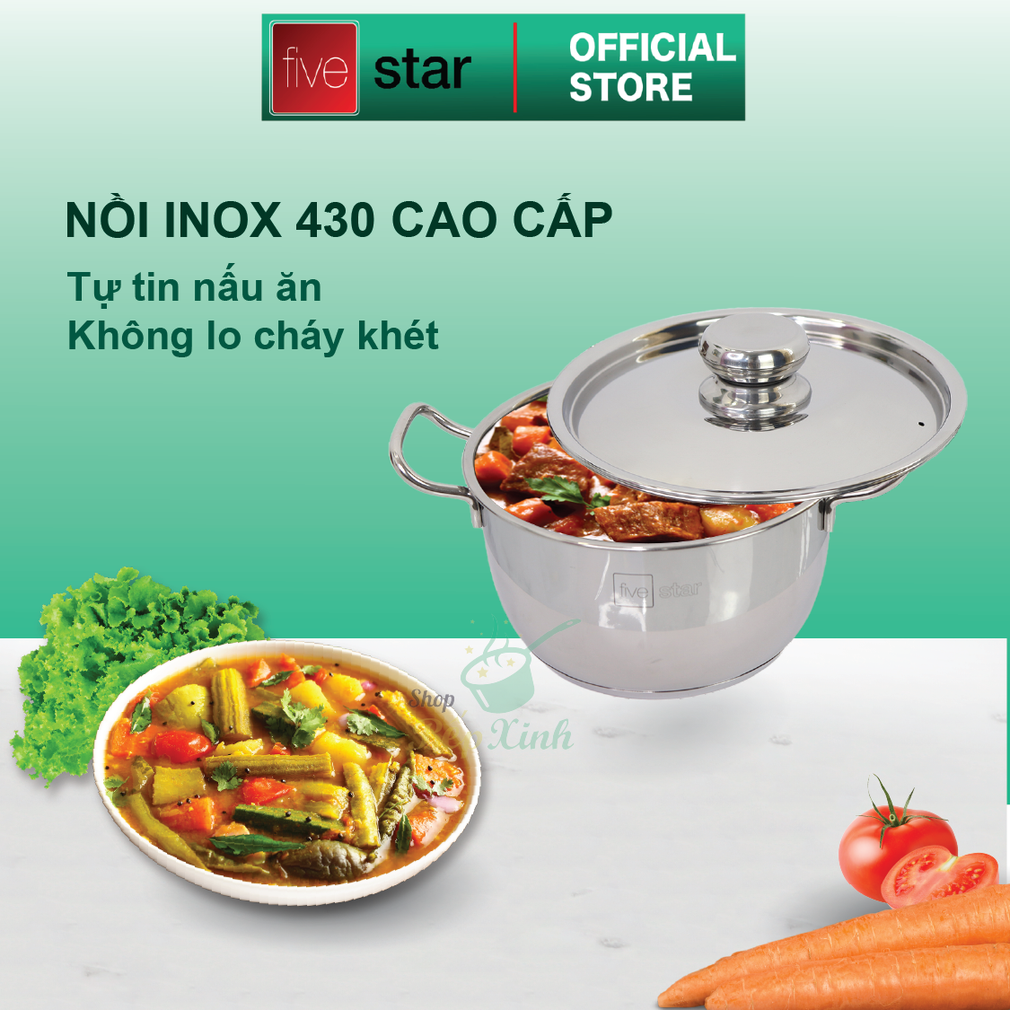 Bộ nồi inox 430 Fivestar Standard nắp inox FS-B3010 , tặng 1 vá canh