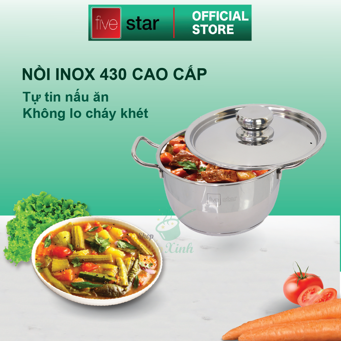 Bộ nồi inox 430 Fivestar Standard nắp inox FS-B3010 (Kích thước 16cm - 20cm - 24cm) , tặng 1 vá canh