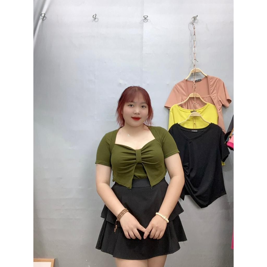 Áo thun kiểu bigsize nữ tay ngắn dáng dài qua rốn cột nơ 58-95kg, Áo phông form rộng nữ oversize Chuppy  G37 - Rêu