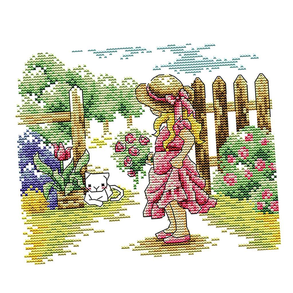 Girl in Garden Stamped Cross Stitch  DIY Handmade Needlework 26x21cm 14CT