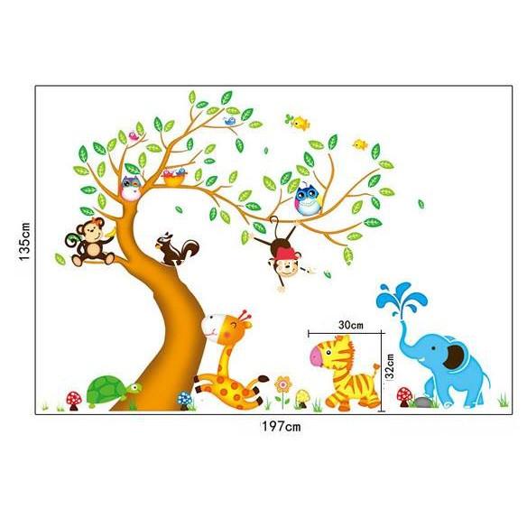 Decal dán tường combo Vườn bách thú + 5 khỉ đu dây