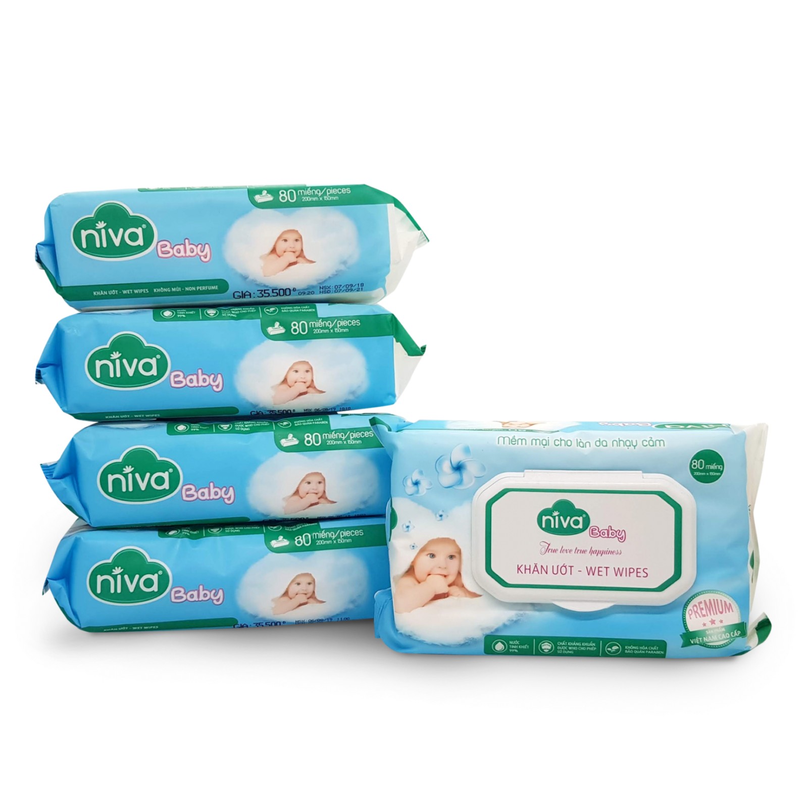 Combo 05 Khăn Ướt Đa Năng Không Mùi Niva Gói 80 Tờ Tiện Dụng, Diệt Khuẩn, An Toàn Cho Trẻ Sơ Sinh Phụ Nữ Mang Thai