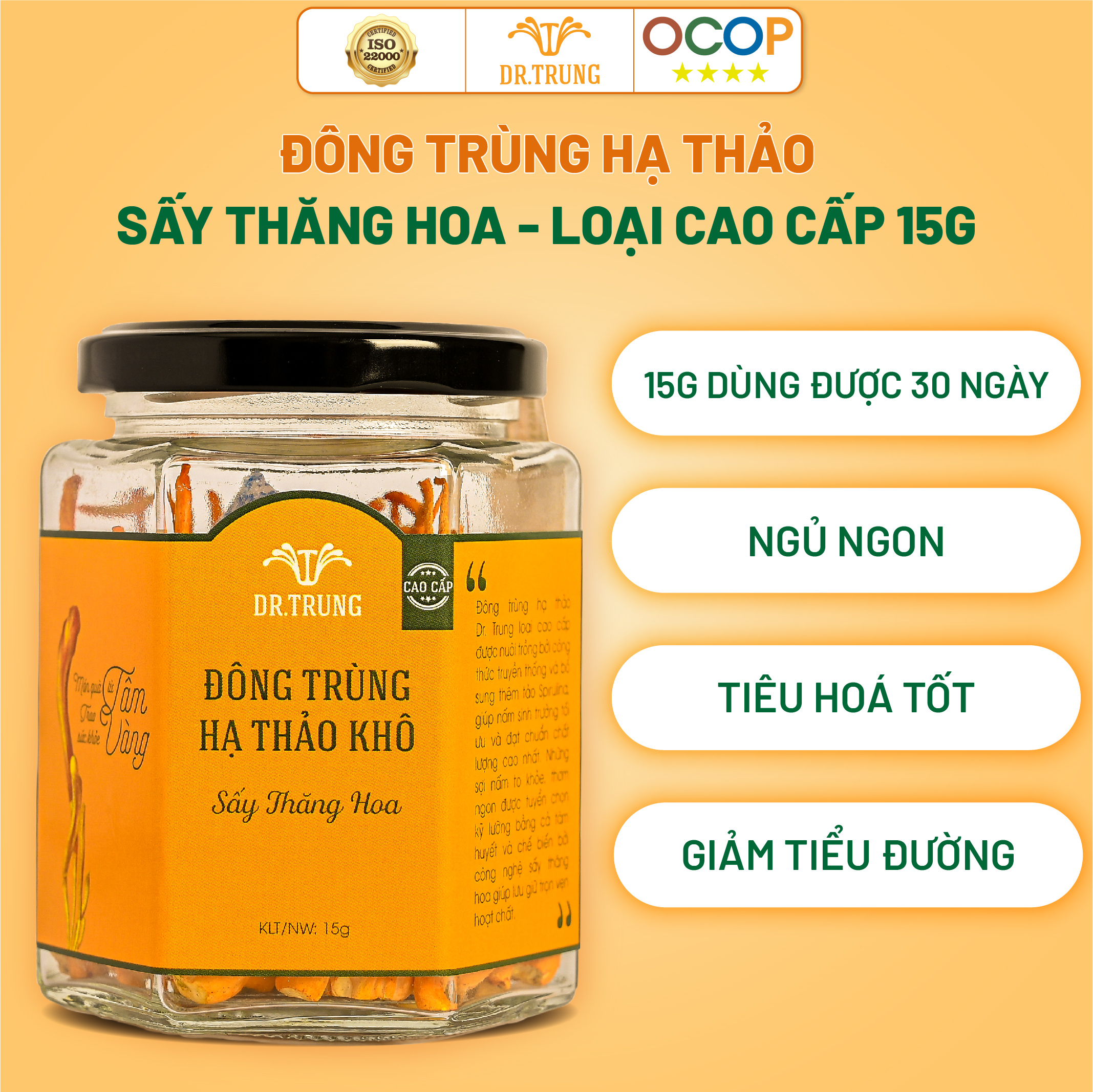 Đông trùng hạ thảo Dr. Trung Sấy thăng hoa loại Cao cấp - Công thức cải tiến bổ sung tảo Spirulina và Protein thực vật tạo dược chất cao, Sợi dài chọn lọc - Giúp cải thiện giấc ngủ, Ổn định huyết áp, Tăng hệ miễn dịch, Giảm nguy cơ đột quỵ