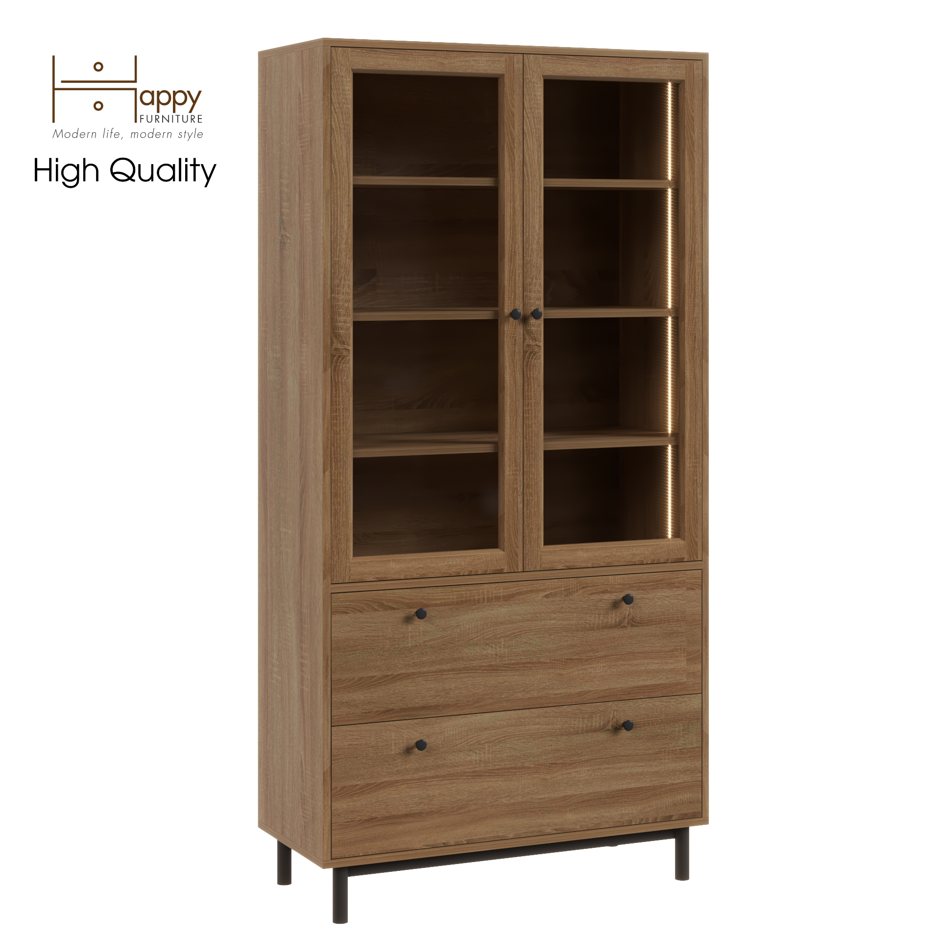 [Happy Home Furniture] CATY ,Kệ sách cửa kính 2 ngăn kéo - đèn LED - chân sắt, 90cm x 39cm x 180cm (DxRxC), KSA_019_LED