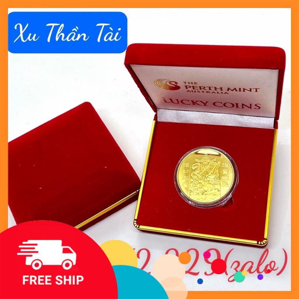 Đồng xu thần tài phong thuỷ may mắn tặng hộp nhung ,móc khóa, túi gấm đỏ may mắn tai lộc