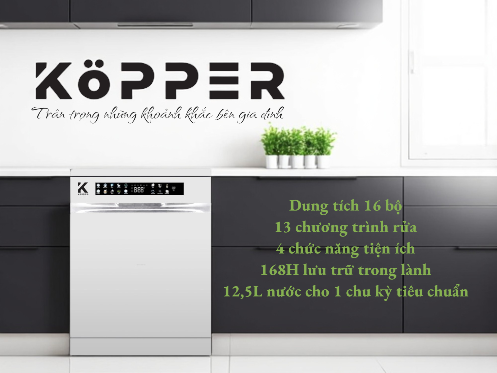 Máy rửa bát 16 bộ Kopper KP16SERIE8 - Công nghệ sấy PTC + UV Hàng Chính Hãng