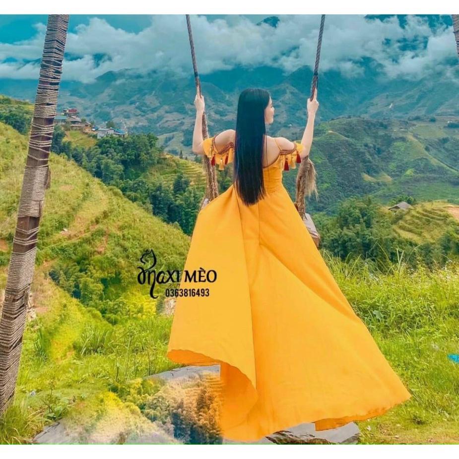 Đầm váy maxi thổ cẩm lụa có mút ngực vàng xanh đỏ 2 dây cổ V xẻ đùi đi biển dự tiệc dạo phố bigsize gợi cảm sexy