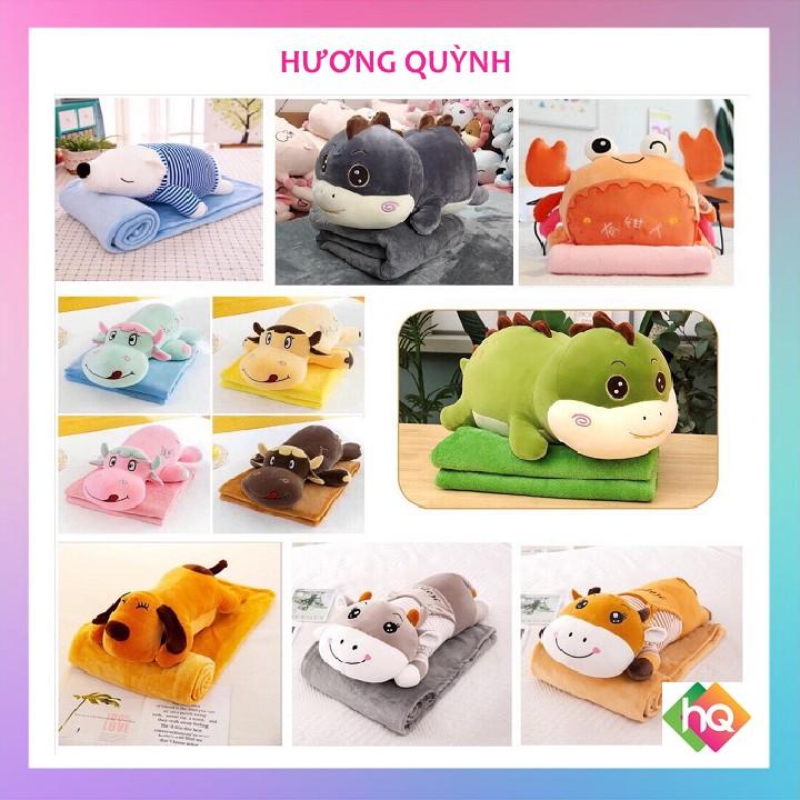 (HQ)Bộ chăn gối văn phòng Mèo xinh, Bê xinh, Khủng long đáng yêu. Hương Quỳnh