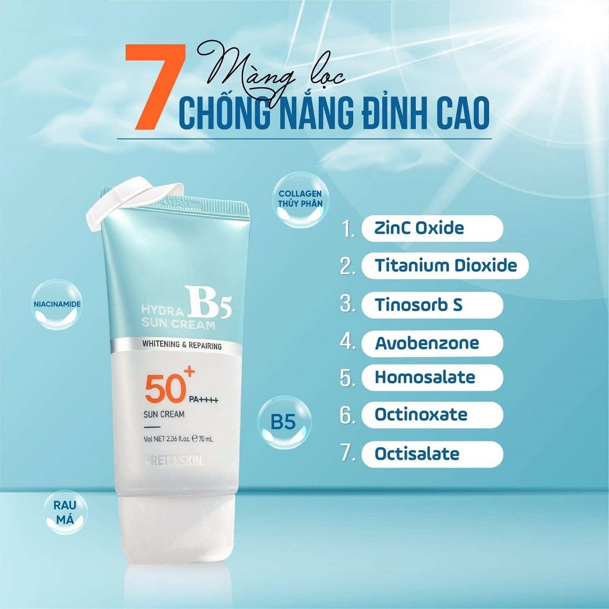 Kem Chống Nắng PrettySkin Whitening &amp; Repairing Hydra B5 Sun Cream SPF50+ PA++++ 70ml