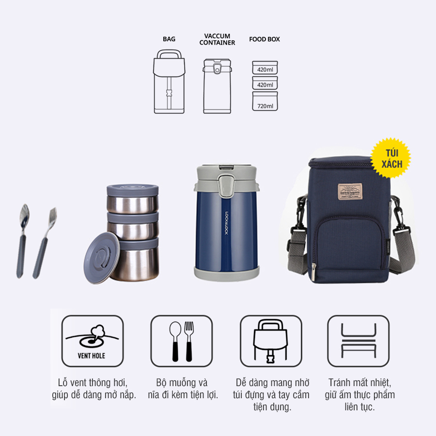 Bộ Hộp Cơm Giữ Nhiệt Lock&Lock Easy Carry 2L LHC8039 Có Túi