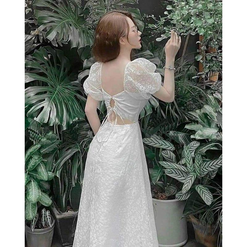 ĐẦM REN HOA TRẮNG DÁNG DÀI XÒE