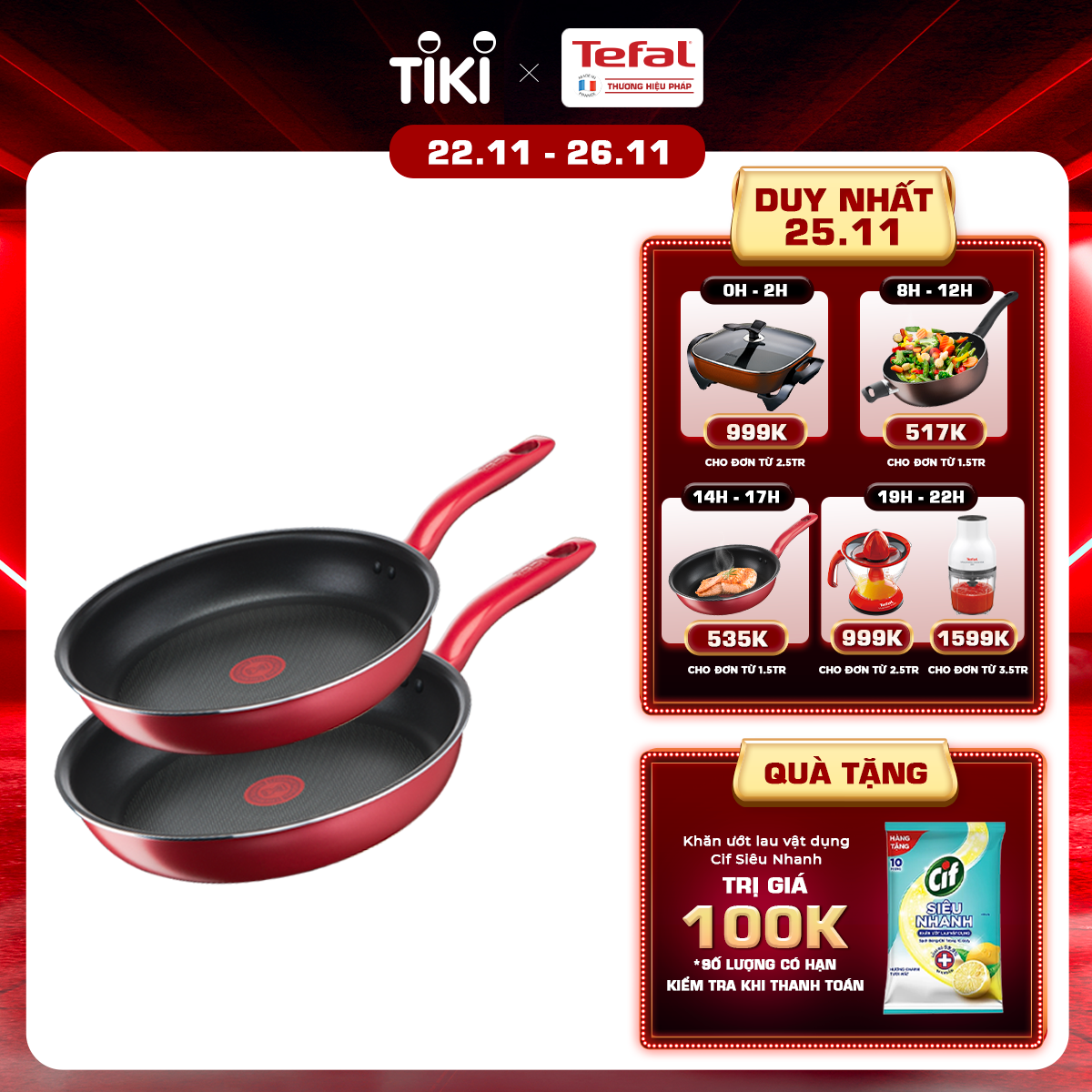 Bộ 2 Chảo chiên Tefal So Chef 24-28 cm - Dùng mọi loại bếp - Chấm đỏ báo nhiệt thông minh - Hàng chính hãng