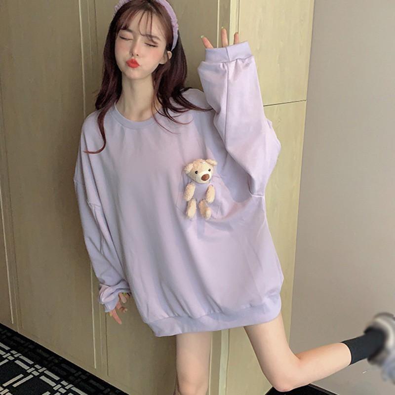 Áo Thun Nữ Tay Dài Dáng Rộng In Hình Gấu Dễ Thương Phong Cách Hàn Quốc