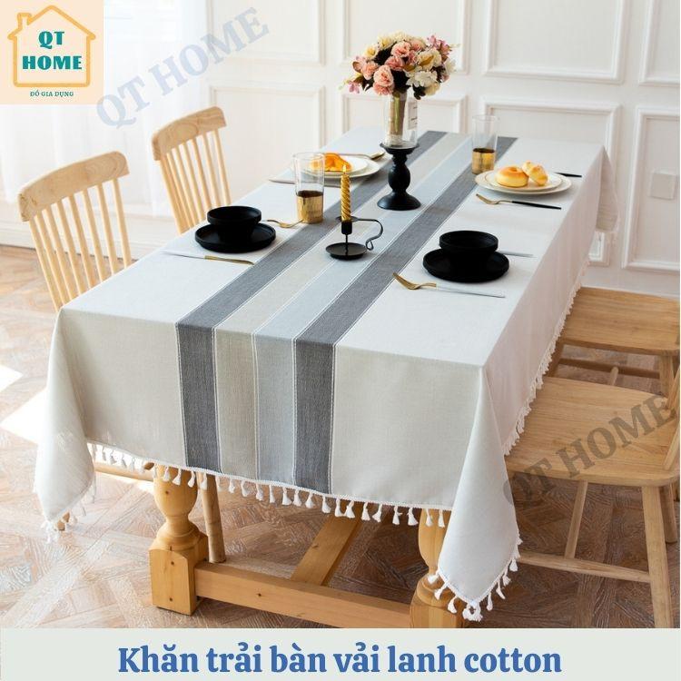 Khăn Trải Bàn Cao Cấp Bằng Vải Lanh Cotton Màu Xám Nhạt Viền tua rua