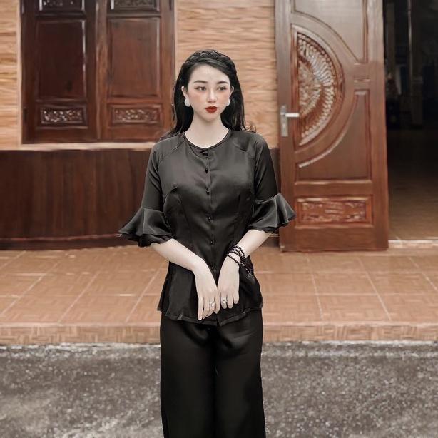 Đồ lam đi chùa nữ bộ lễ phục lụa tay xòe màu đen đẹp thiết kế cao cấp trang nhã LAMINA