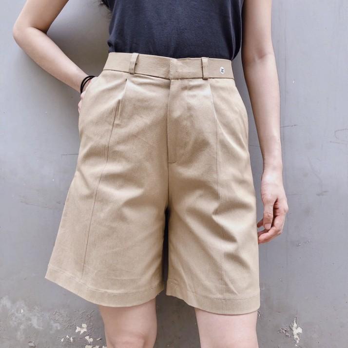 Quần short Unisex ống rộng cạp cao màu kem