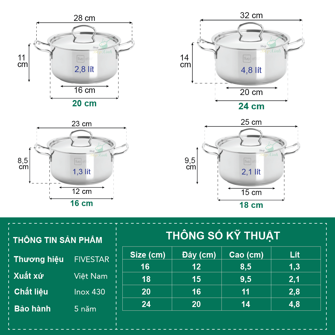 Nồi inox 3 đáy sandwich inox 430 FiveStar Standard bếp từ nắp inox tặng 2 vá canh