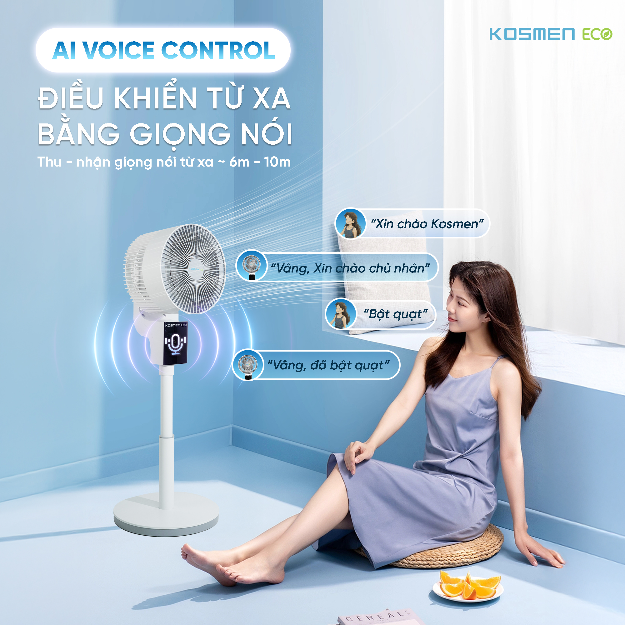Quạt thông minh Kosmen ECO-F40AI-W AI điều khiển bằng giọng nói – Màu Trắng - Hàng Chính Hãng, Bảo Hành 1 Năm