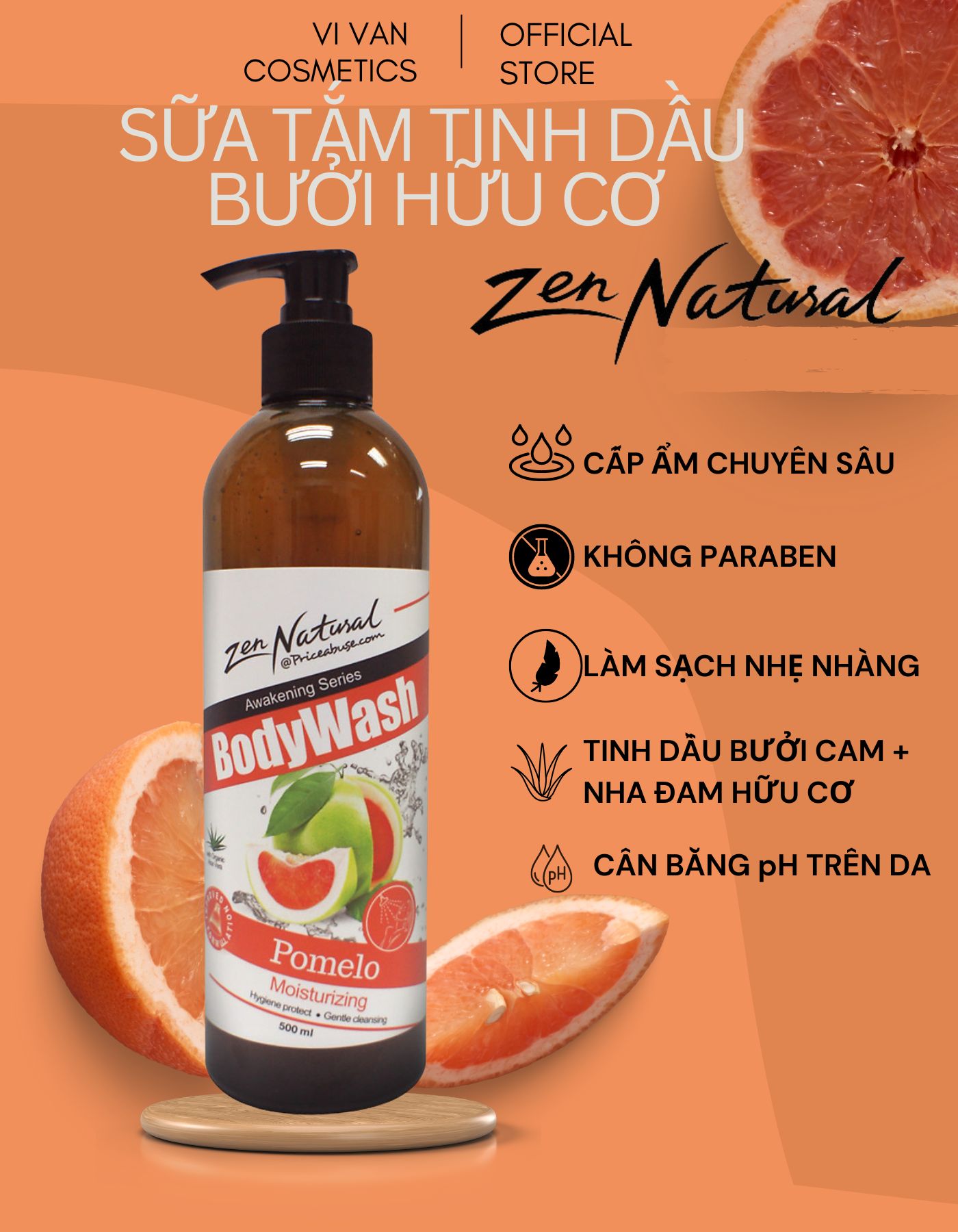 Sữa Tắm Tinh Dầu Bưởi BODY WASH POMELO ZEN NATURAL 500ML I Gel Tắm Làm Sạch, Dưỡng Ẩm - ( Vivan _ Cosmetics )