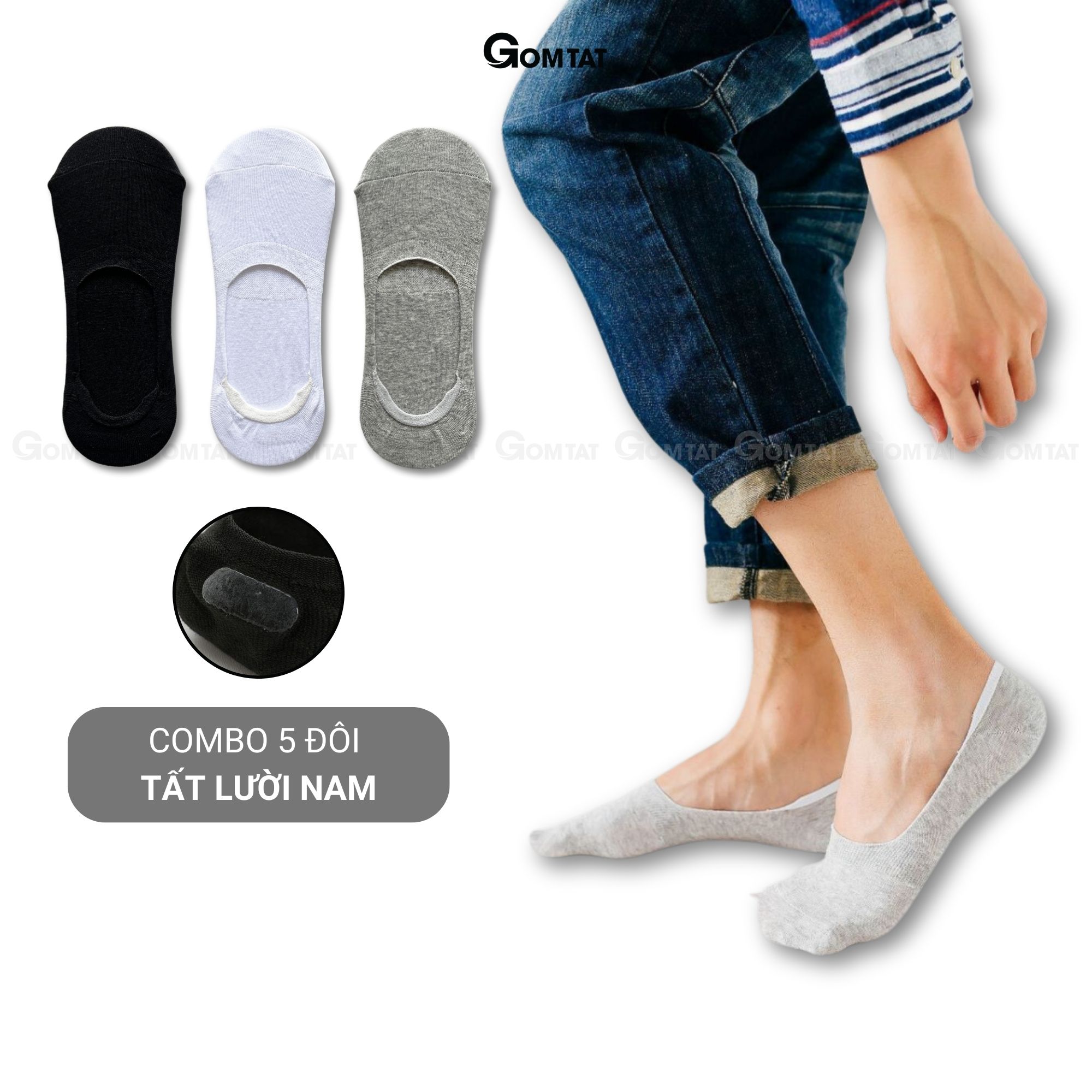 Set 5 Đôi Vớ Lười Nam , Tất Nam đi giày lười có đệm cao su chống trượt gót chân - GOMTAT-LUOI02-CB5