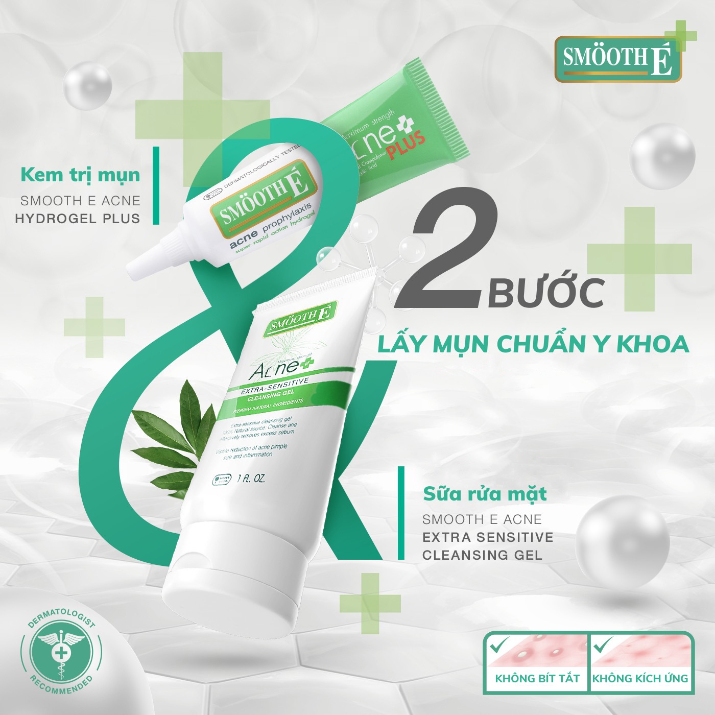 Combo bộ 3 Smooth-E Sữa rửa mặt kem dưỡng và kem chống nắng mùa hè cho da mụn