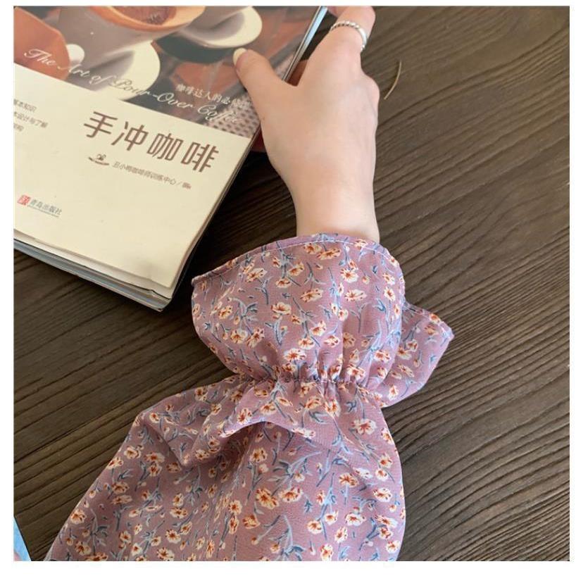 MS966 Áo voan nữ hoa nhí tím mộng mơ chiết eo tay bo xoè