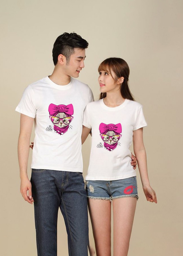 Bộ Áo Thun Đôi Mèo I Like Màu Trắng Nam Nữ
