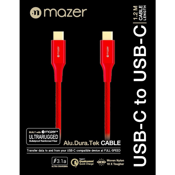 Dây Cáp Mazer ALU.DURA.TEK USB-C to C Cable 3.1A (1.2m) - hàng chính hãng