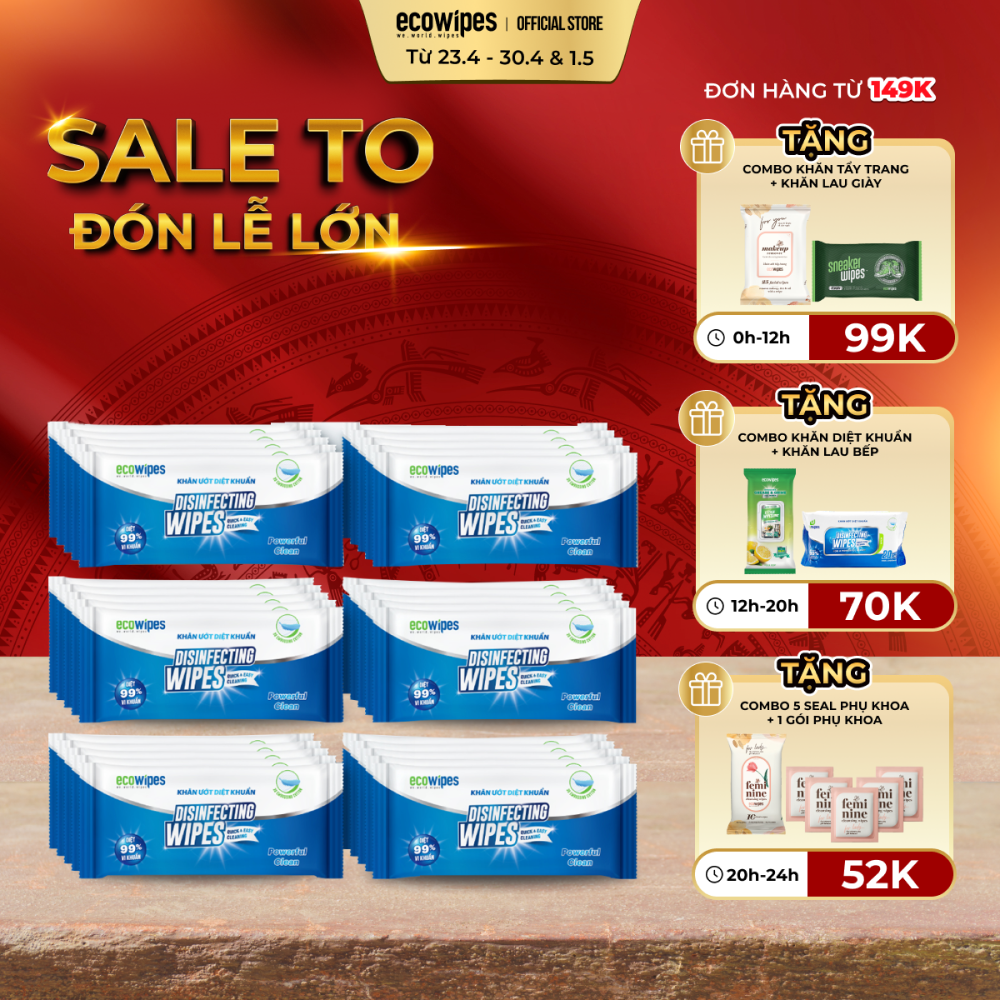 Combo 10 lốc 200 cái khăn ướt diệt khuẩn Disinfecting Wipes loại 1 tờ dùng 1 lần diệt 99,9% vi khuẩn hương chanh