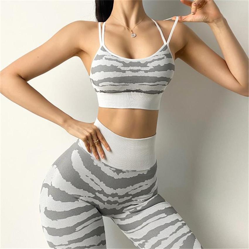 2023 SEAMLESS TIGER GYM BOOTY Yoga Set Scrunch squat Proof leggings Yoga Quần Thể thao Trang phục tập luyện tập thể dục phù hợp với hoạt động Color: white bra Size: L