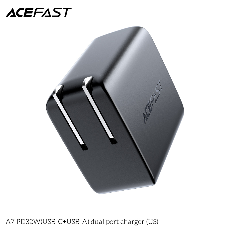 Adapter Sạc Acefast PD 3.0 32W 2 Cổng USB Type-C USB A Chuôi Dẹt US A7 - Hàng Chính Hãng