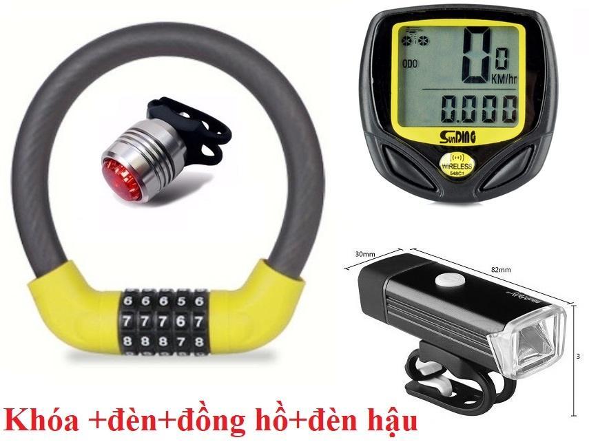 Combo Khóa xe đạp 5 số vàng + Đèn pha siêu sáng + Đồng hồ xe đạp không dây + Đèn led hậu