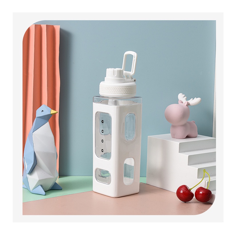 Bình nước đi học cute to hình vuông cỡ lớn dung tích 700ml có ống hút bằng nhựa không BPA tặng kèm sticker