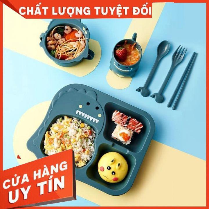 Combo Khay ăn dặm lúa mạch hình khủng long cho bé - Chất liệu : Nhựa PP + bột ép từ cây lúa mạch. Chịu