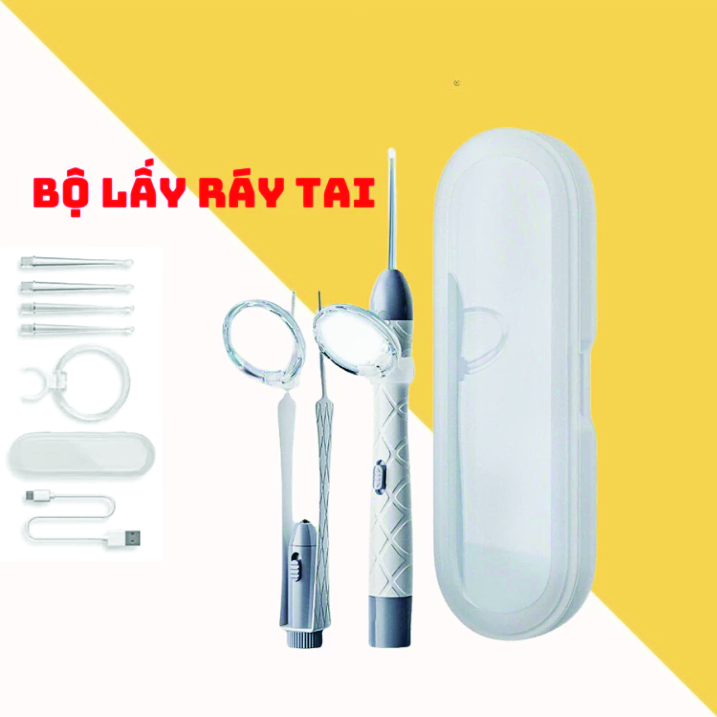 Bộ Lấy Ráy Tai, ngoáy tai có đèn kèm đầy đủ phụ kiện, Mới Nâng Cấp Nhẹ, An Toàn Không Đau, Thiết Kế Cho Em Bé Tặng kèm 4 đầu ngoáy tai